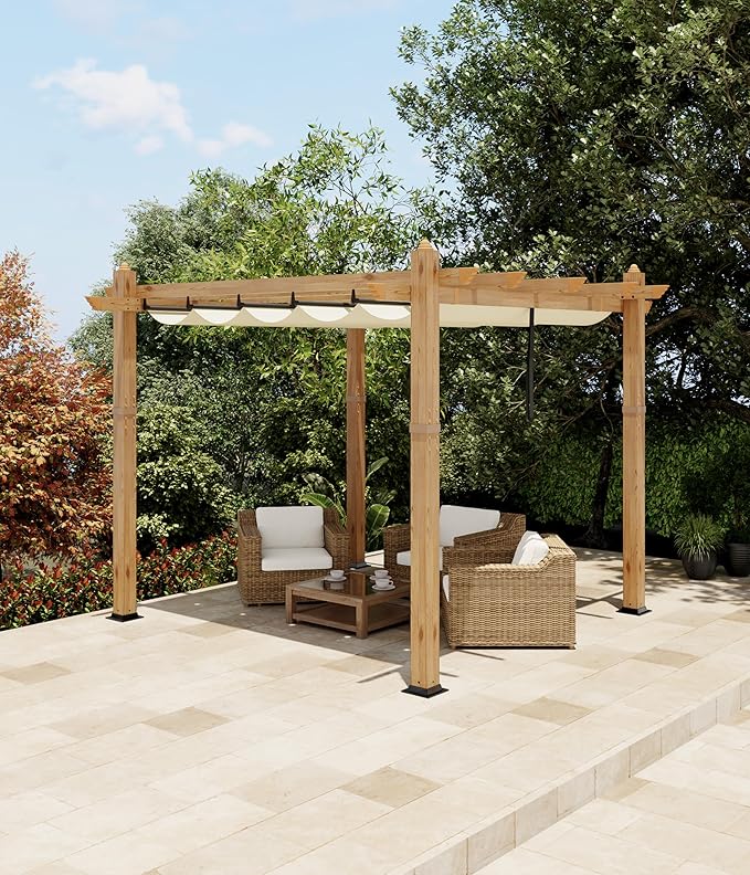KYBOLT 10x10 Ft Outdoor Pergola with Retractable Canopy Aluminum Imitation Wood Grain Metal Patio Pergola for Backyard Deck Porch Grape Trellis(Beige)