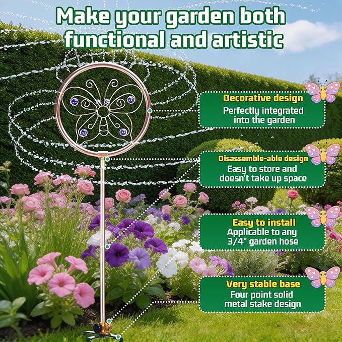 34" Tall Copper-Coated Stainless Steel Garden Sprinkler, 360° Rotating Decorative Ornamental Sprinkler for Lawn, Yard & Landscape Watering (Butterfly)