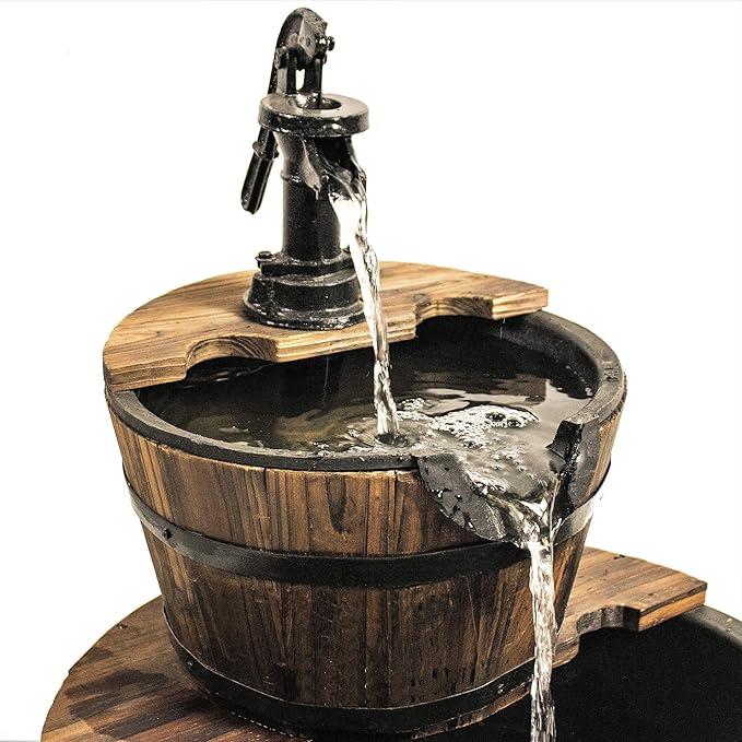 Backyard Expressions 2-Tier Cascading Barrel Fountain with Rustic Pump – Outdoor Water Feature for Garden, Patio, or Deck – Weathered Wood Look with Electric Recirculating Pump