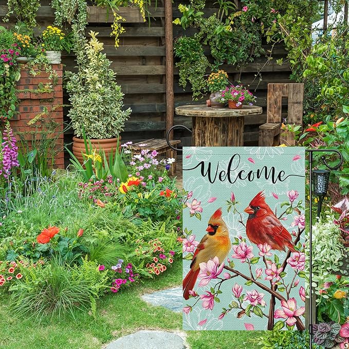 Cardinal Bird Welcome Spring Garden Flag, 12x18 Vertical Double Sided Burlap Tree Flower Spring Flag for Outside Farmhouse Yard Decorations