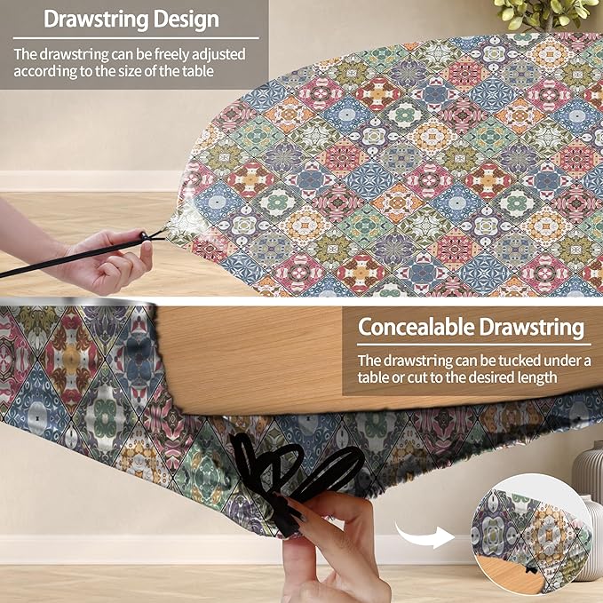 Fitted Vintage Round Tablecloth for 36-44" Tables Earthy Stain Resistant Vinyl Mantel Para Mesa Redonda Apartment Kitchen Organizers Camping Picnic List Women Men Cool Practical Gift Ideas