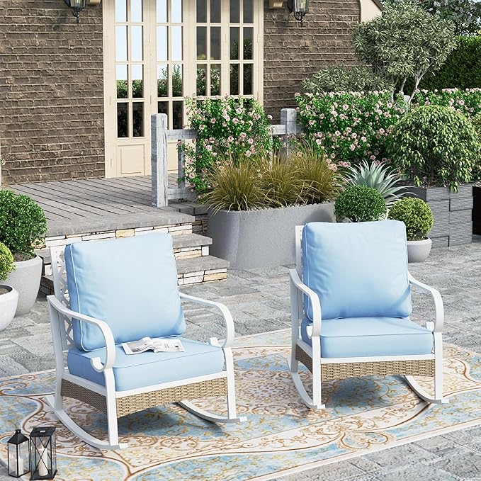 HERA'S HOUSE Outdoor Rocking Chairs Set of 2 with Cushions, High Back Patio Metal Rocker, All Weather Garden Furniture for Lawn, Backyard, Deck, Blue