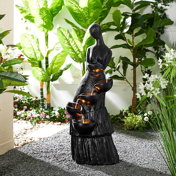 Glitzhome 5 Tier Modern Women Sculpture Outdoor Water Fountain, Indoor Outdoor Woman Statue Waterfall Fountain with LED Lights for Porch Deck Garden Patio Backyard, 39.75" H