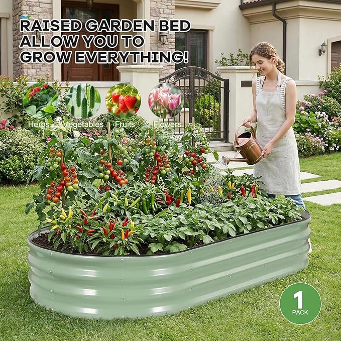 Galvanized Raised Garden Beds Outdoor, 6x3x1ft Oval Metal Raised Beds for Gardening, Rust-Resistant Garden Planter Box for Planting Vegetables, Flowers, Fruits in Backyard(Avocado Green)