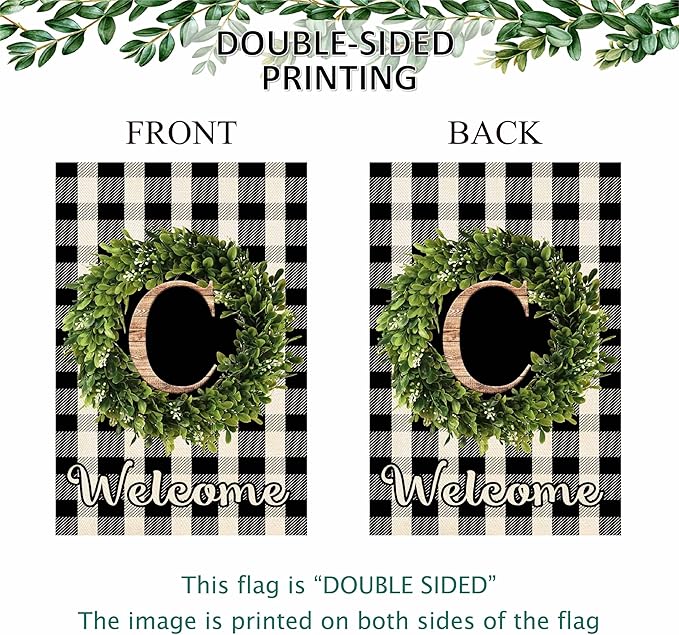 Baccessor Monogram Letter C Garden Flag 12.5 x 18 Inch, Buffalo Plaid Family Last Name Initial Boxwood Wreath Welcome Vertical Double Sided Small Flags for Outdoor Outside Decoration