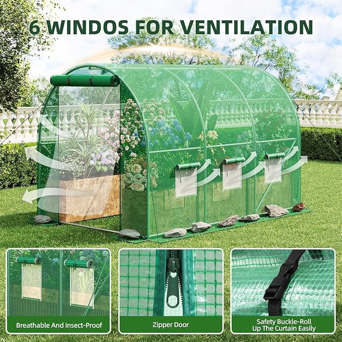 Superlele 10x7x7FT Tunnel Greenhouse for Outdoors, Heavy Duty Walk in Greenhouse, Large Garden Green House with Reinforced PE Mesh Cover, 6 Windows with Screen, Stakes and Ropes, Green