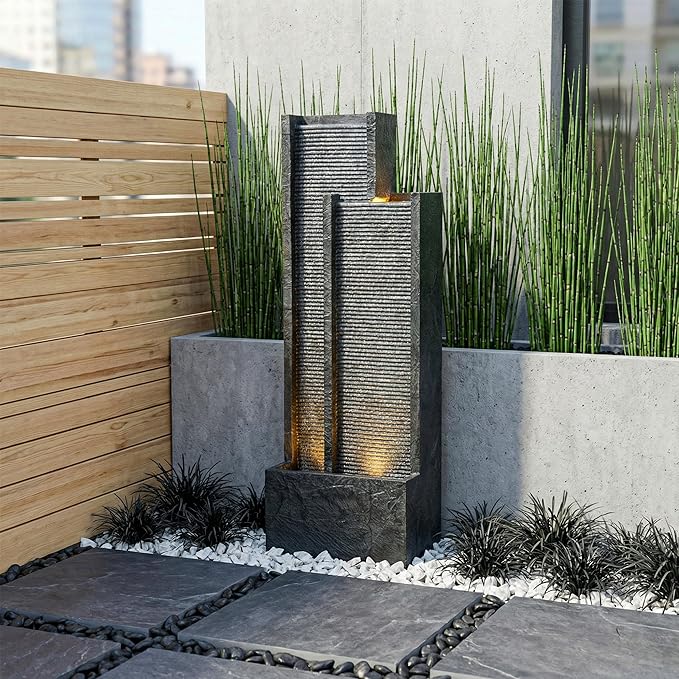 41-Inch Outdoor Water Fountain, Modern Resin Waterfall Fountain with 3 Warm LED Lights, Texture Freestanding Water Feature for Garden, Patio, Yard, Porch, Deck, Lawn, Balcony in Gray, Home Decor