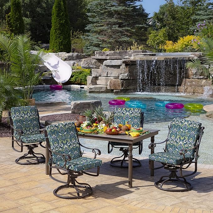 Arden 4-Pack Outdoor Patio Dining Chair Cushion, 20x44, Rain-Proof Seat Pad, Fade-Resistant Outdoor Cushion Sapphire Aurora Blue Damask
