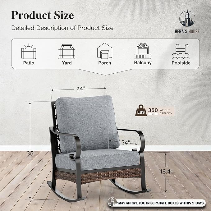 HERA'S HOUSE Patio Rocking Chairs Set of 2 with Thick Cushions, High Back Metal Outdoor Rockers, All Weather Garden Furniture for Backyard, Deck, Lawn, Grey