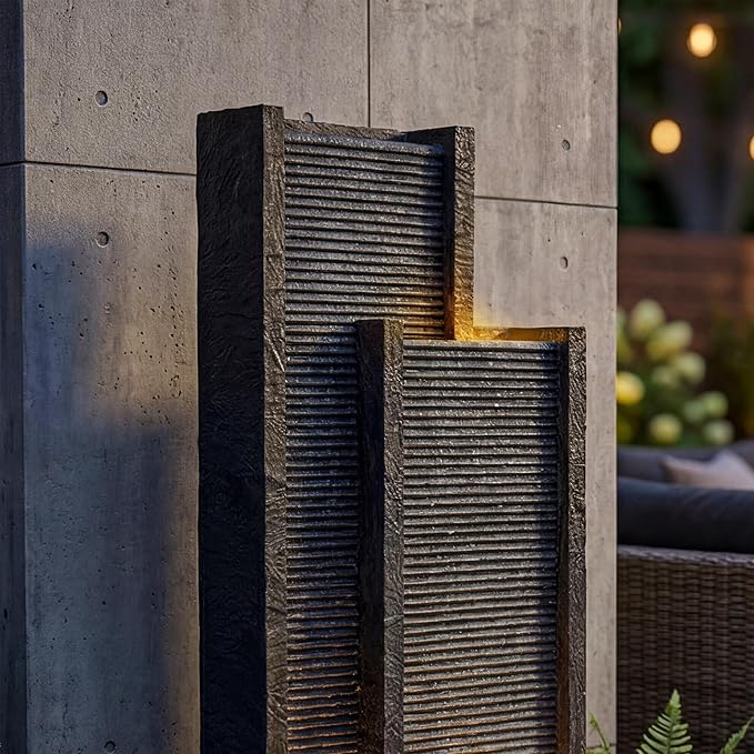 41-Inch Outdoor Water Fountain, Modern Resin Waterfall Fountain with 3 Warm LED Lights, Texture Freestanding Water Feature for Garden, Patio, Yard, Porch, Deck, Lawn, Balcony in Gray, Home Decor