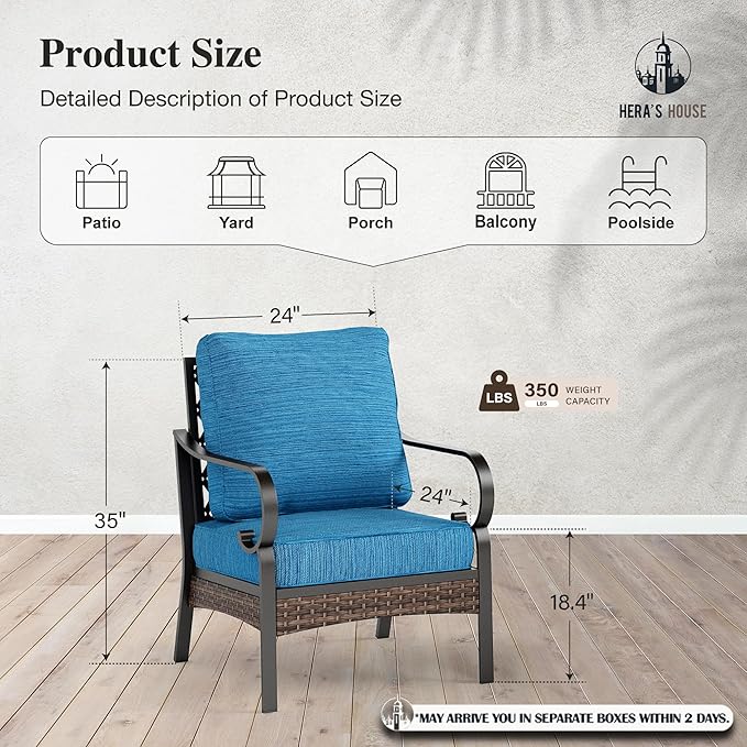 HERA'S HOUSE Patio Chairs Set of 2, High Back Outdoor Dining Chairs with Thick Cushions, All Weather Metal Frame Furniture for Garden, Backyard, Deck, Peacock Blue