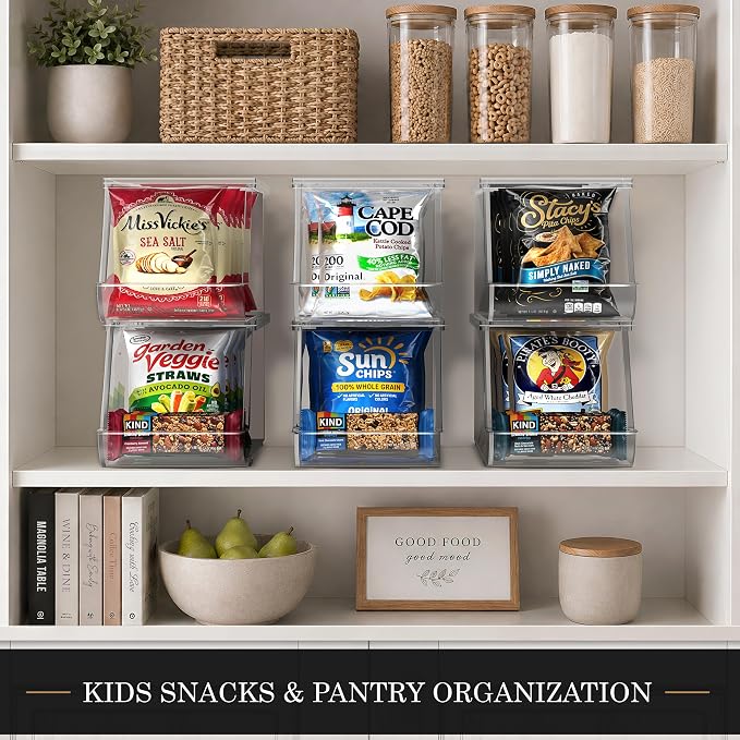 Sorbus Stackable Snack Organizer Bins Open Front – Clear Pantry Storage Bins for Chips, Snacks & Food Pouches – Kitchen Pantry Organizer (4 Pack)