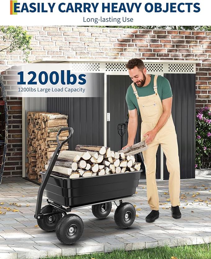 Garden Dump Cart, 1200 Lb Capacity Heavy Duty Utility Cart, Wheelbarrow with 180° Pivot Handle for Yard, Lawn & Gardening(Black)