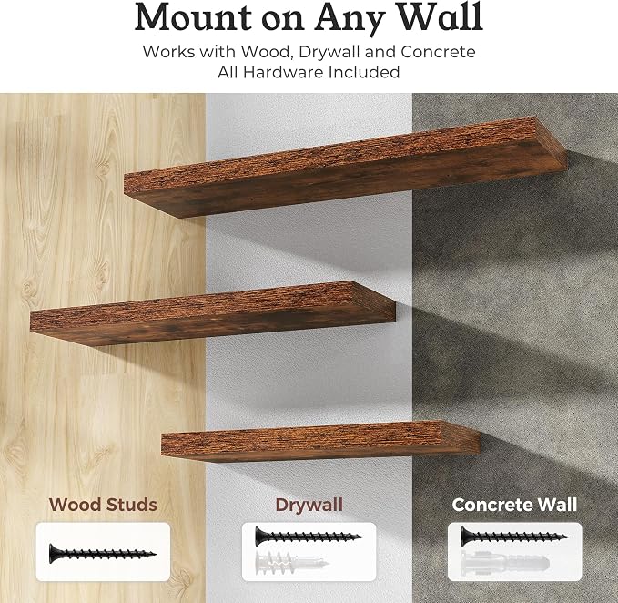30" Brown Floating Shelves Wood Wall Shelf, Rustic Brown, Set of 2 | Wall Mounted Wood Shelves, For Bathroom, Bedroom, Living Room, Kitchen, Hanging Shelf for Books/Storage/Room Décor