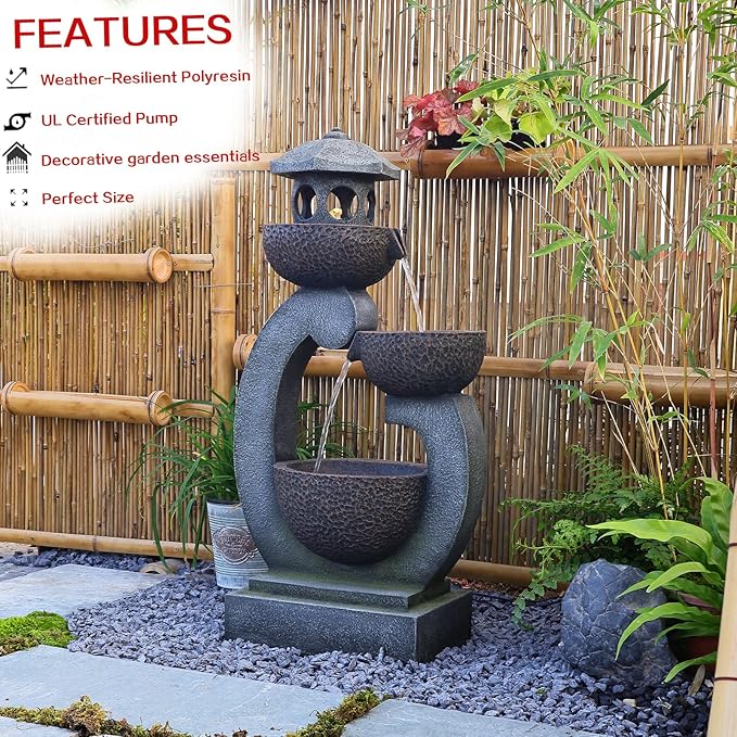 Tankana Outdoor Garden Water Fountain - Modern Tranquil Zen Pagoda Waterfalls Fountains Bowl with LED Lights & Pump for Patio Yard Porch Pool Decor, Gray, 35.5 inches