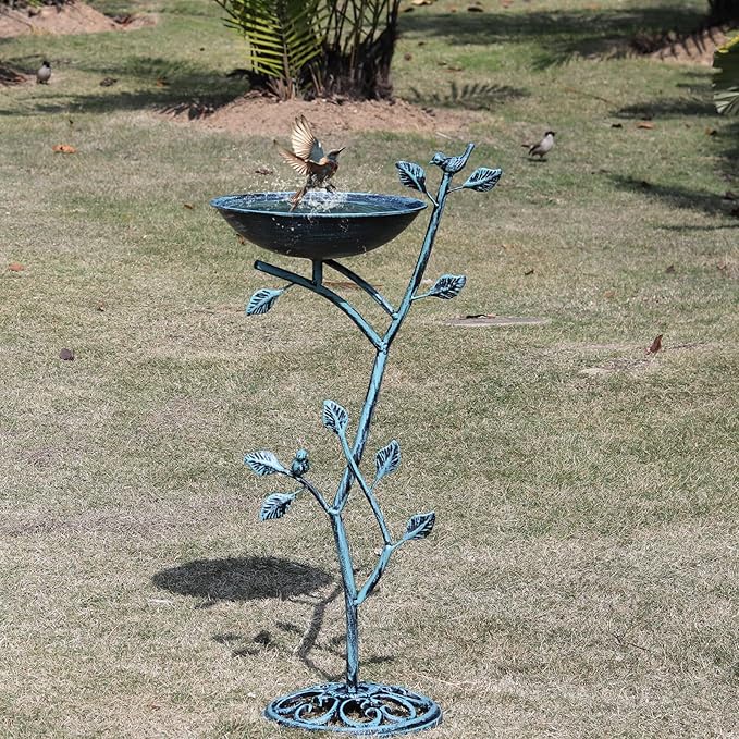 HOUYANG 11.4" W x 31" H Cast Iron Pedestal Bird Bath, Birdbaths for Outdoors,Bird Bath for Outside,Vintage Metal Bird Bath Garden Yard Decor