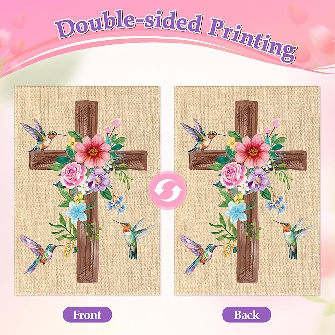 WATINC Spring Summer Hummingbird Flower Christian Cross Linen Garden Flag - 12 x 18 Inch Easter Religious Yard Flag for Outside, Double Sided House Outdoor Decoration for Porch Lawn Pathway (Pink)