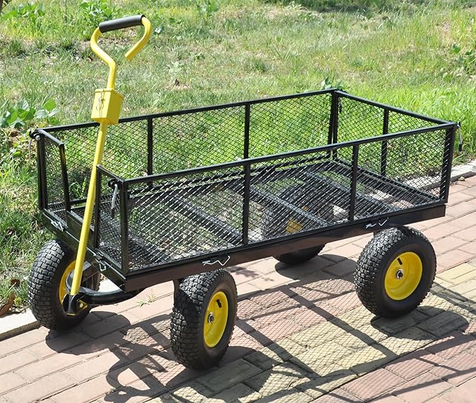 Steel Garden Cart 880 lbs Capacity Heavy Duty Garden Wagons,with Removable Steel Mesh Sides to Convert into Flatbed,Utility Metal Wagon w/ 180°Rotating Handle (Big-Pneumatic)