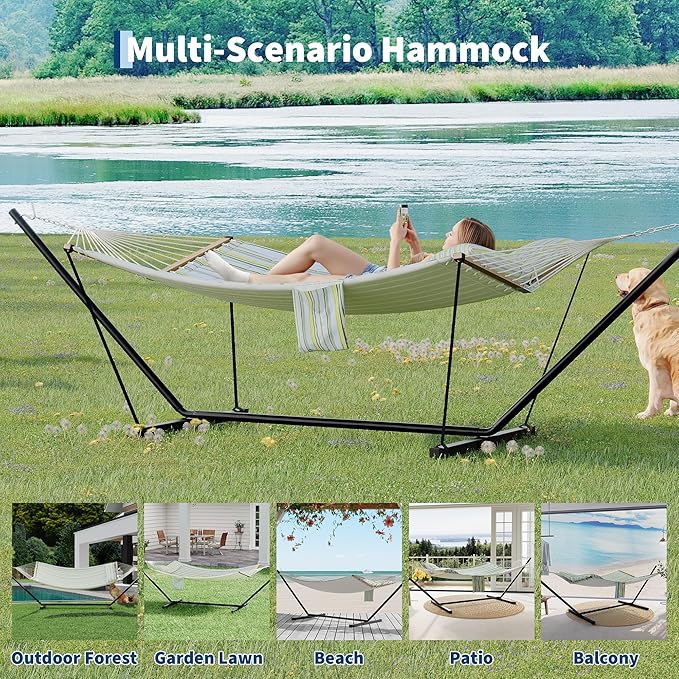 Garvee 2 Person Outdoor Hammock with Stand, Heavy Duty Portable Double Hammock with Balance Rope, MAX 450 LBS Capacity for Patio, Backyard, Garden, Beach