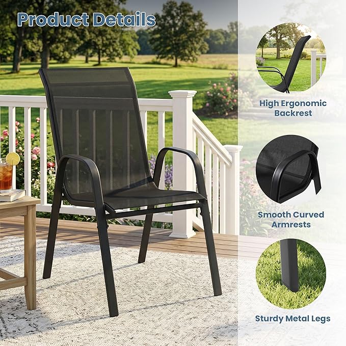 DIFY Patio Chairs Set of 8, Stackable Outdoor Dining Chairs Set with Breathable Textilene High Back and All-Weather Metal Frame for Garden, Backyard, Deck, Dark Grey