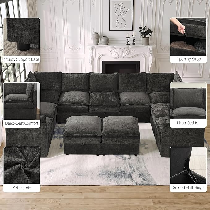 130" Oversized U-Shape Storage Sofa Modular Couch with 2 Ottomans,Dark Grey