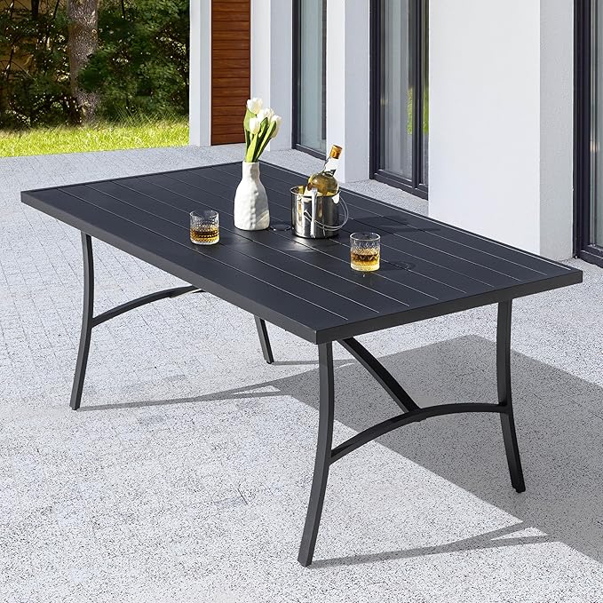 NUU GARDEN 63" Aluminum Slat Top Outdoor Patio Dining Table, 6-8 Person Rectangle Aluminum Bistro Table with 1.97" Umbrella Hole, Powder Coated Frame Dining Tables for Backyard Garden, Black