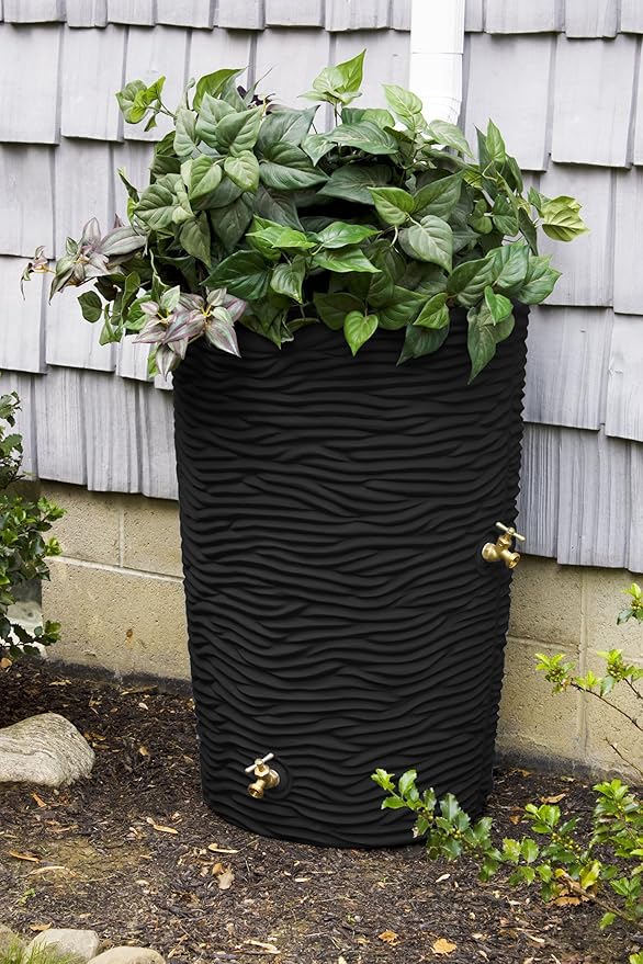 Good Ideas IMP-L50-BLK Impressions Palm Rain Barrel, 50-Gallon, Black