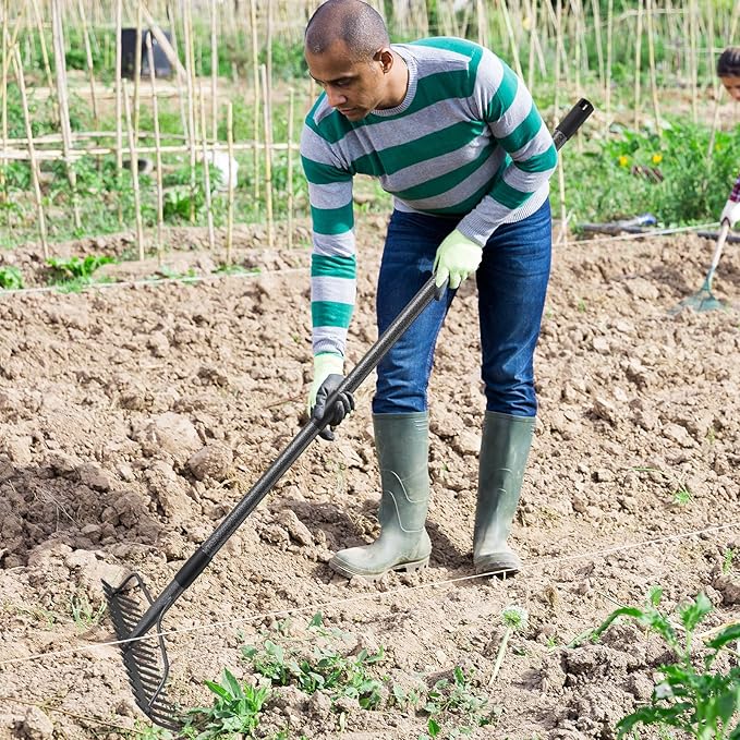 63'' Bow Rake Heavy Duty Garden Rake with Stainless Steel Handle, Tines Metal Head Rake Tool for Loosening Soil Gathering Leaf Leveling Lawn Farming Land Management Yarn Thatch Rake