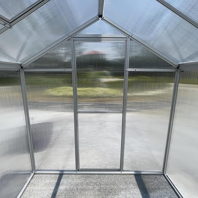 Aluminum Greenhouse for Outdoors, 6 x 10 FT Polycarbonate Walk-in Greenhouse with Quick Setup Structure and Adjustable Roof Vent, Silver