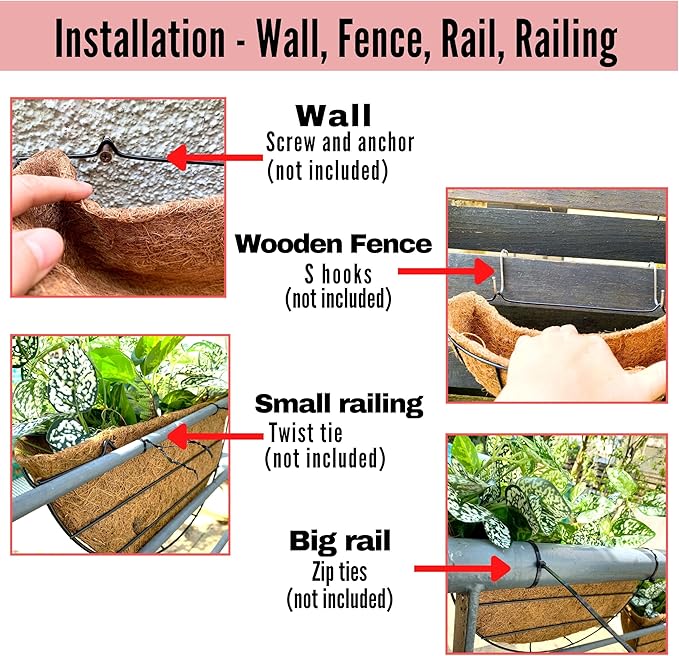 LaLaGreen 16 Inch Large Wall Planter, 2 Pack Rail Hanging Pot with Coco Liner, Black Metal Wall Mounted Flower Basket Box Outdoor Outside Fence Railing Plant Holder Deck Porch Patio Balcony Garden