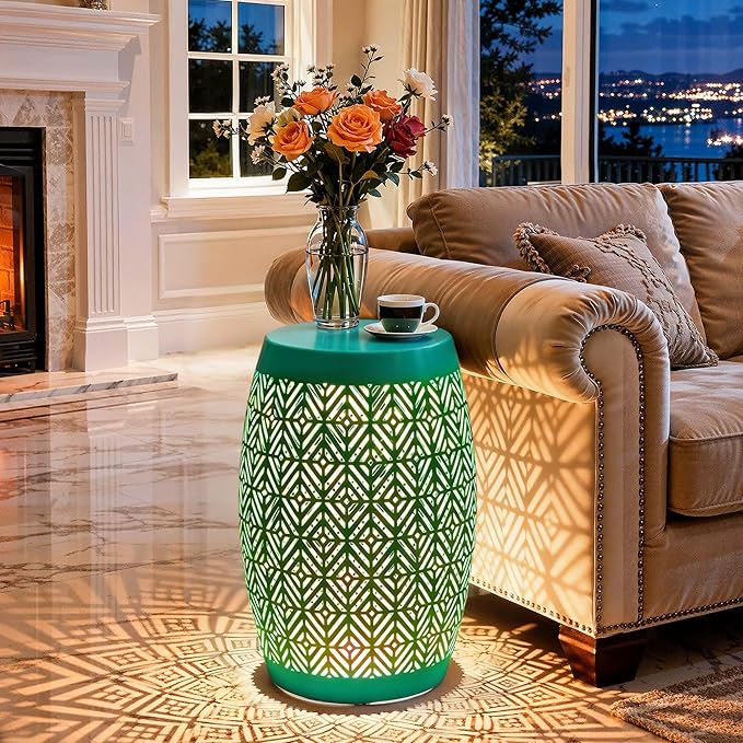 Large Side Table Outdoor,18" H LED Light Metal End Table with Geometric Cut-Out Design, Hollow Drum Coffee Accent Table Plant Stand with No Assembly & Weather-Resistant for Patio, Garden, Indoor
