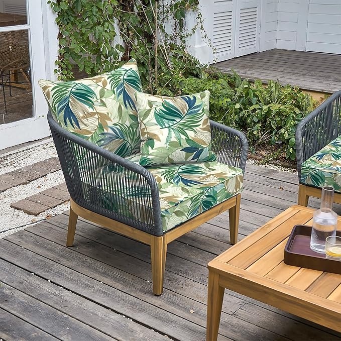 LVTXIII Outdoor Deep Seat Cushion Patio Seat and Back Cushion Set Seasonal Chair Cushion with Removable Cover and Adjustable Buckle for Home and Garden, 22"x22"x4", Lush Leaf Green