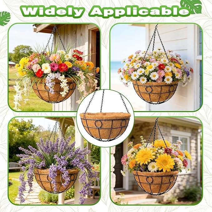 2 Pack 12 Inch Metal Outdoor Hanging Baskets Black Heavy Duty Hanging Planters with Coco Liners for Indoor Outdoor Plants Gardens Patios Terraces（Round）