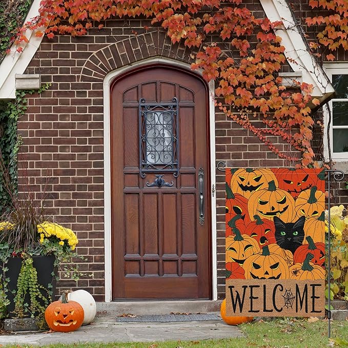 Louise Maelys Halloween Welcome Garden Flag Black Cat Pumpkin 12x18 Inch Double Sided Boo Holiday Fall Autumn Seasonal Small Burlap Yard Sign Outside Outdoor House Decoration