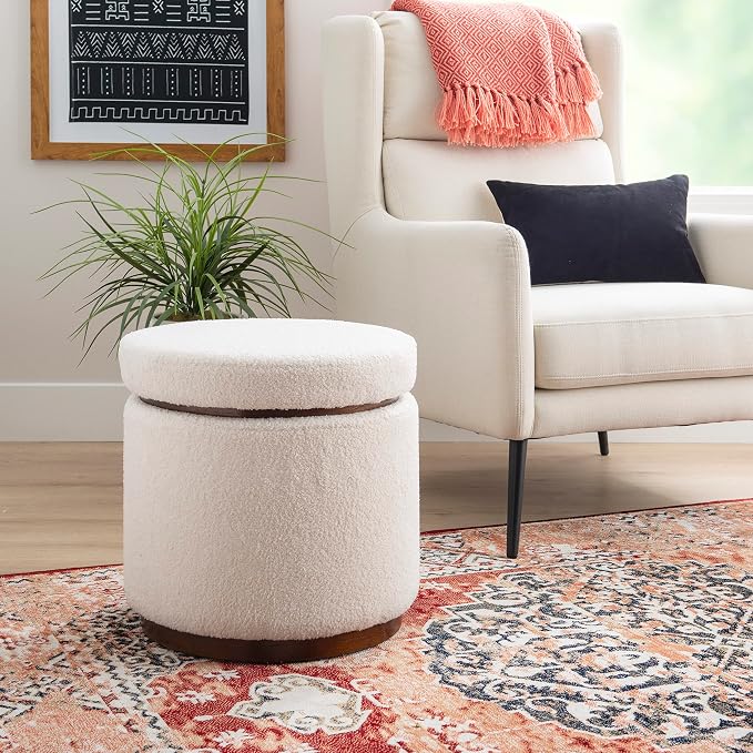 Linon Lexington Natural Sherpa Round Storage Ottoman with Wood Accent