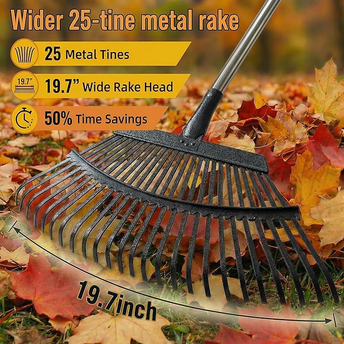 Garden Rake for Leaves, 20" Ultra Wide Heavy Duty Metal Leaf Rake, 40-68" Adjustable Long Handle Yard Rake with 25 Tines Head Women Kids Rakes for Lawns,Shrub,Grass,Pine Needles,Debris