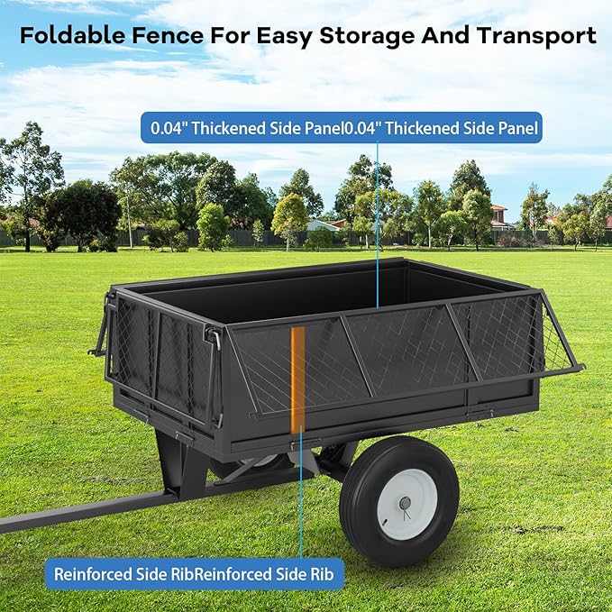 Heavy Duty ATV Trailer Dump Cart 1700 Lbs, 17 Cubic Feet Steel Lawn Mower Trailer with Removable Sides, Tow Behind Garden Yard Dump Cart for Tractor ATV UTV, Utility Wagon for Landscaping & Farm