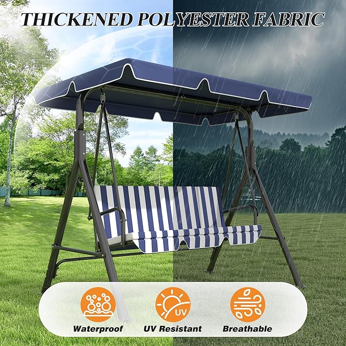 GARTOO 3-Seat Patio Swing Chair, Outdoor Porch Swing with Adjustable Canopy and Durable Steel Frame for Patio, Garden, Poolside(Nevy Blue)