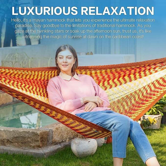 PNAEUT Handwoven Mayan Hammock, Thick Soft Rope Double Hammock for Outdoor Outside & Indoor, 600 lbs Capacity Heavy-Duty, Includes Tree Straps, Carabiners & Carrying Bag (Sunset, X-Large)
