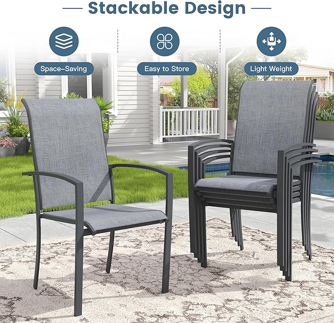 DIFY Patio Chairs Set of 6, Stackable Outdoor Dining Chairs with High Back & Metal Frame, All Weather Breathable Textilene Fabric Outdoor Chairs Set for Backyard Garden Deck, Grey