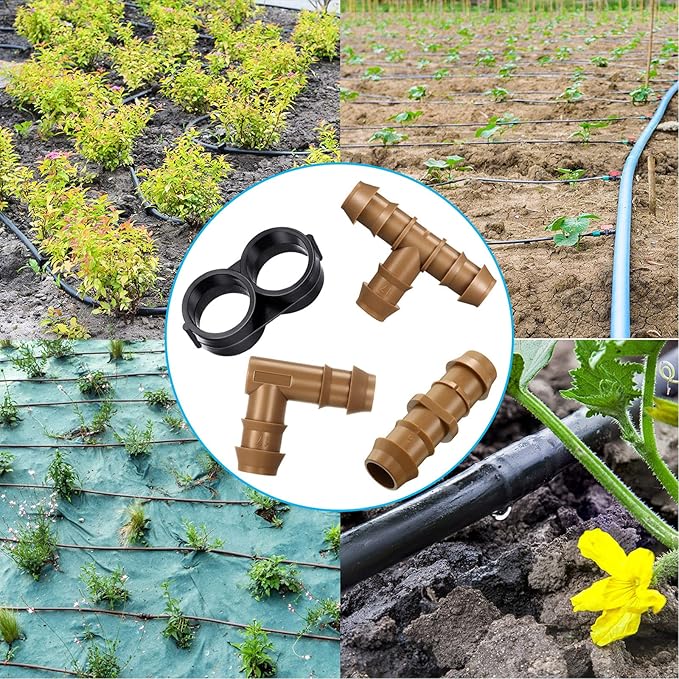 Outus Irrigation Tubing Fittings Drip Irrigation Parts Kit 1/2 Inch Tubing Fitting Set 36 Pieces Includes 9 Tees 9 Couplings 9 Elbows 9 End Cap Plugs Drip Barbed Connector for Sprinkler Systems Garden
