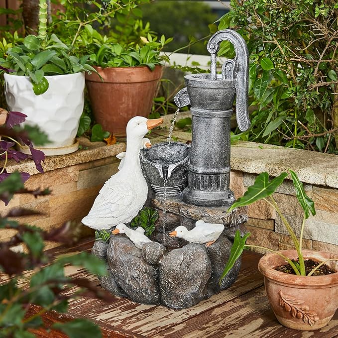 Glitzhome 23.5" Outdoor Duck Fountain with LED Light & Pump, Freestanding 2 Tier Weather-Resistant Patio Fountains Waterfall, Farmhouse Duck Family Sculpture Water Fountain for Backyard Lawn Decor