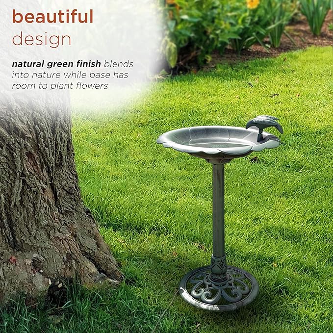 Alpine Corporation 31" Tall Outdoor Antique Flower Birdbath with Bird Decoration Yard Statue, Durable Polypropylene Construction for Patio, Deck, or Yard, Green