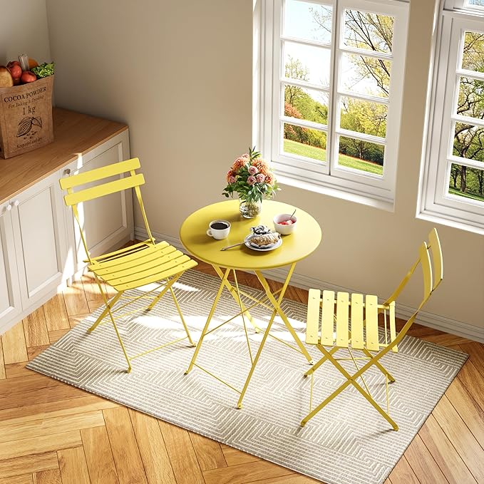 GarveeLife 3-Piece Folding Bistro Set, Foldable Patio Furniture Set with Premium Frame, Outdoor Bistro Table and Chairs Set of 2 for Patio, Garden and Balcony, Yellow