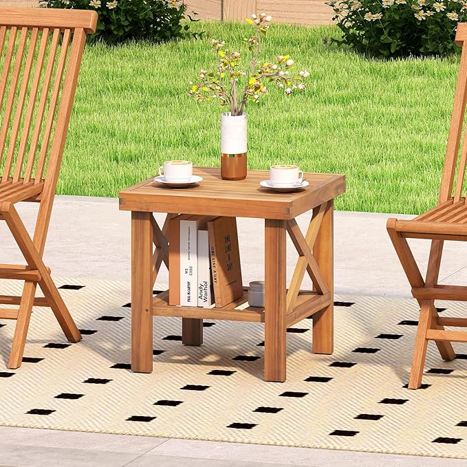 Tangkula Outdoor Side Table, 2-Tier Acacia Wood Adirondack Bistro Table with Slatted Tabletop & Storage Shelf, Small Square Patio Table for Yard, Deck, Garden, Poolside (1)