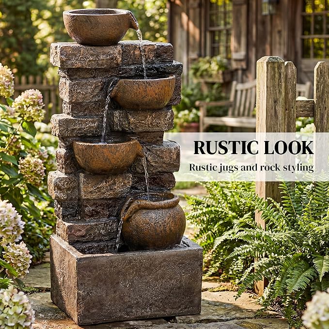 Outsunny 28" Outdoor Fountain with 5-Tier Rustic Jugs and Rock, Cascading Waterfall with LED Lights, Adjustable Flow, Resin Freestanding Garden Fountain for Garden Patio, Rustic Brown