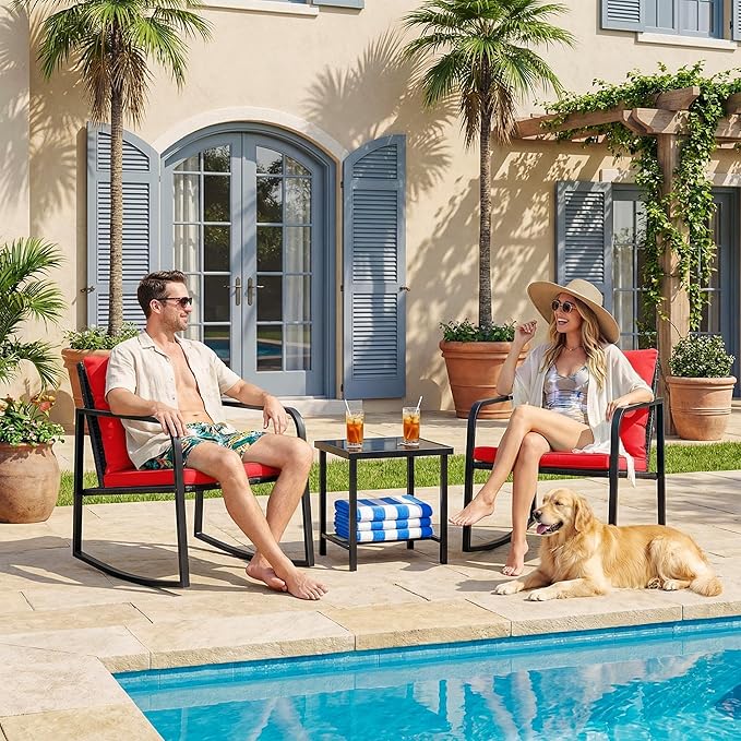 Flamaker Patio Chairs 3 Piece Wicker Rocking Chair Outdoor Bistro Sets with Coffee Table and Cushions Metal Frame Patio Furniture for Porch, Balcony, Lawn (Red)