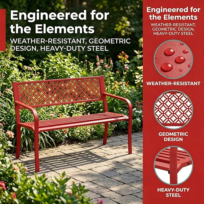 Garvee Outdoor Metal Garden Bench for 2 Person, Heavy Duty Steel Patio Bench 790 Lbs Capacity, Weather Resistant Black Porch Seating with Geometric Backrest, Outdoor Furniture for Yard, Deck, Entryway