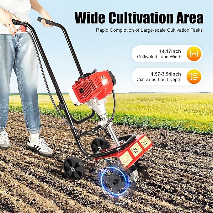 52CC 2 Stroke Tiller Cultivator, 1900W Garden Mini Tiller Rototiller Gas Powered Rotary Cultivator Hand Push Single-Cylinder Rototiller Garden Tool w/0.2GAL Fuel Tank for Soil Weeding (Hand Push)