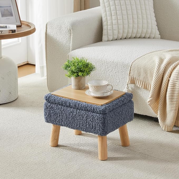 Storage Ottoman, Small Foot Stool Ottoman with Storage, Teddy Velvet Foot Rest with Wood Legs, Footstool for Living Room, Bedroom, Entryway, Blue